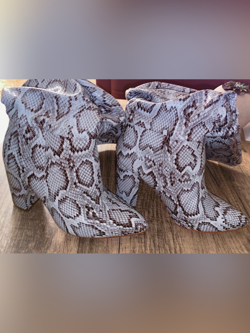 JustFab Snake-Print Heeled Boots — Brown and White